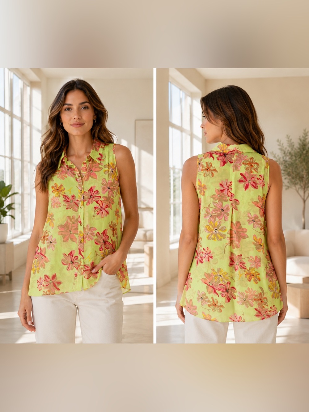 Metaphor Lime-Yellow Green Floral Sleeveless Button-Up Blouse size XL EUC